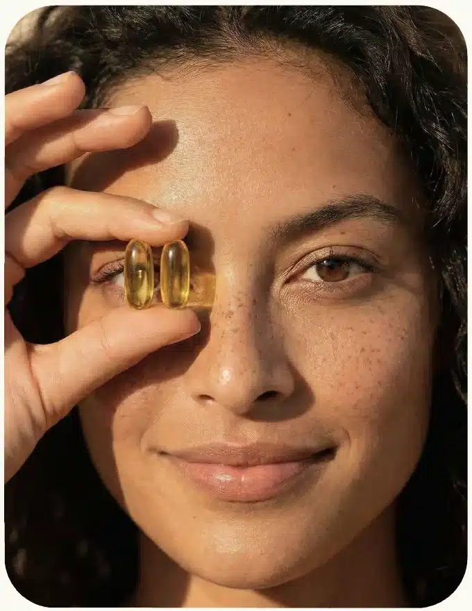 Persoon houdt twee Testa Omega-3 capsules voor het oog